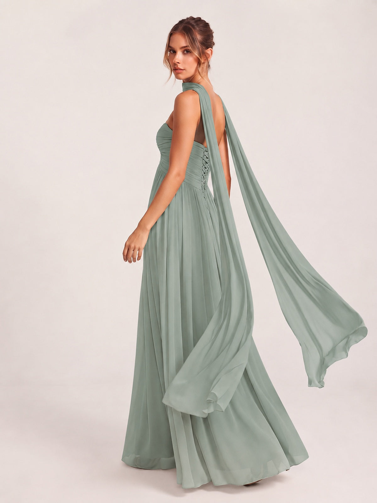 Strapless Ruched Chiffon Long Prom Dress with Scarf