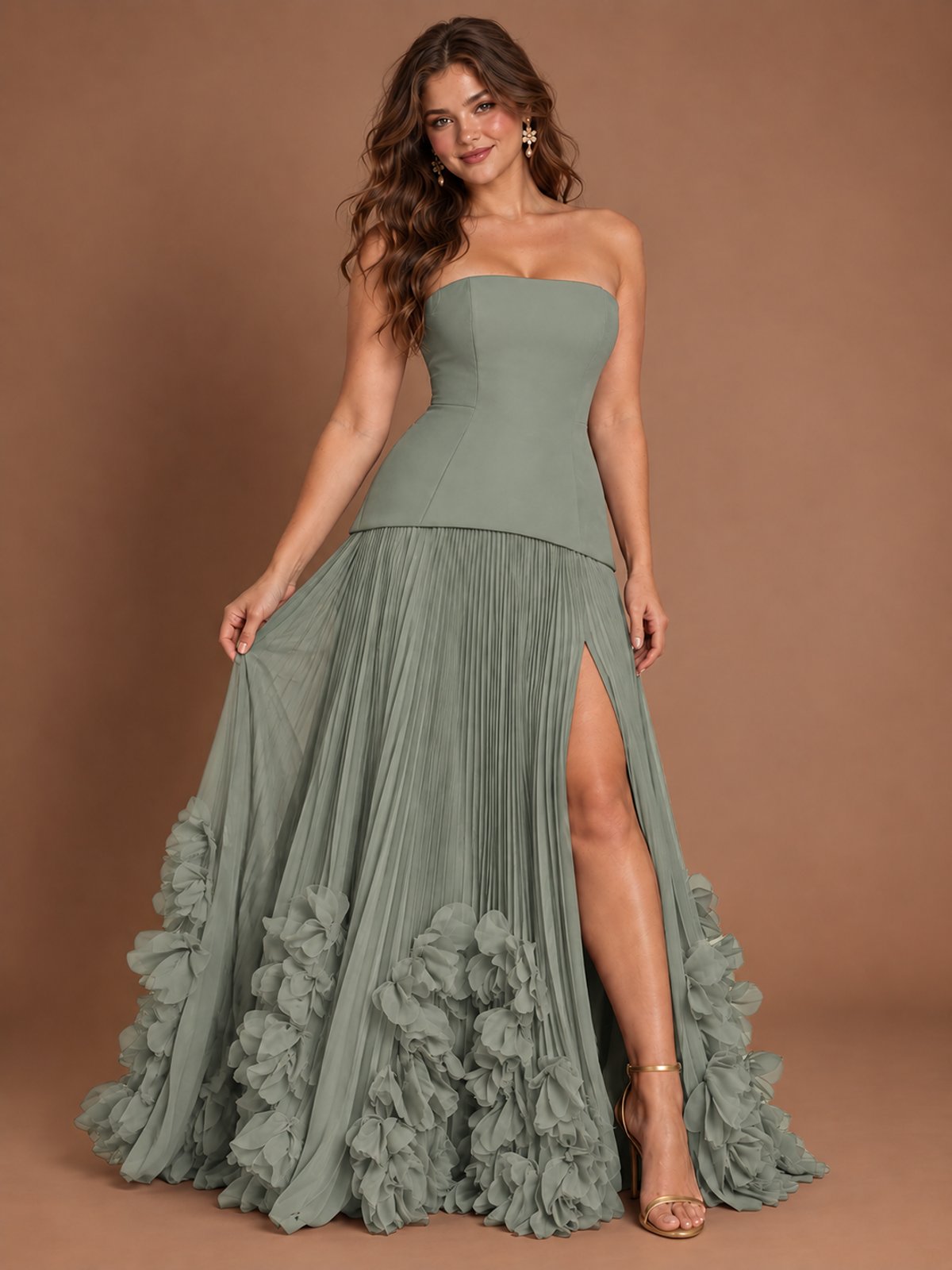 Strapless Pleated Floral Satin Formal Dress with Side Slit