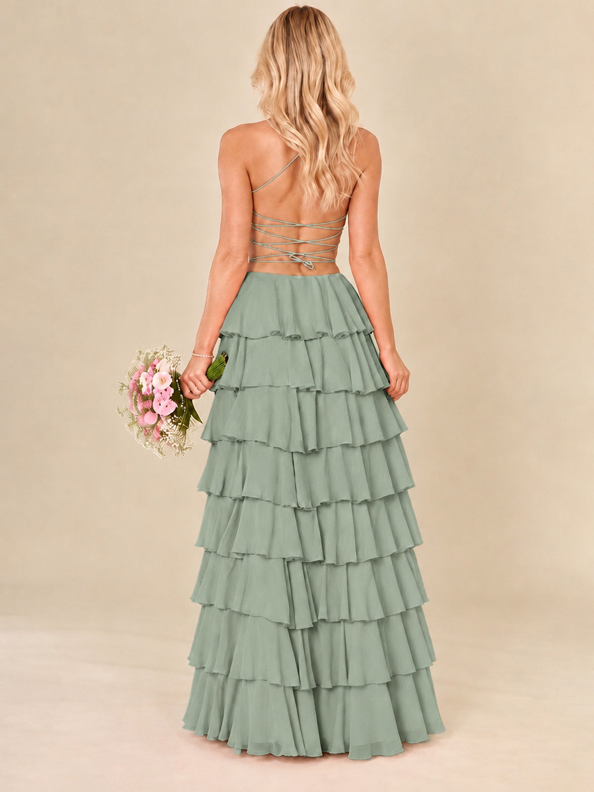 Ruffled Tiered Chiffon Prom Dress Spaghetti Straps Formal Maxi Dress with Slit