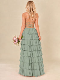 Ruffled Tiered Chiffon Prom Dress Spaghetti Straps Formal Maxi Dress with Slit