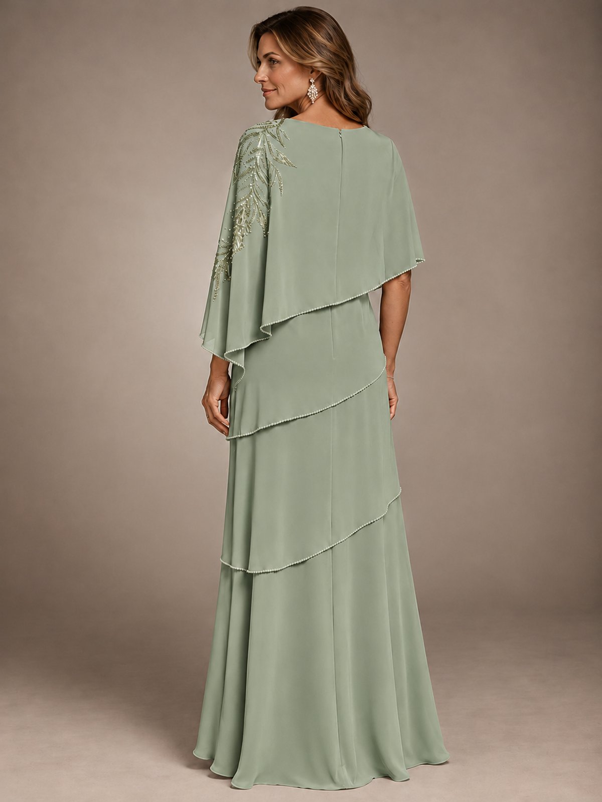 Elegant Chiffon Cape Sleeve Beaded Mother of the Bride Dress