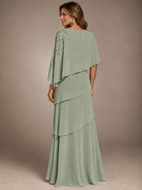 Elegant Chiffon Cape Sleeve Beaded Mother of the Bride Dress