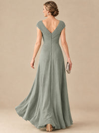 Pleated Chiffon Lace Mother of The Bride Dresses with Beading Cap Sleeves