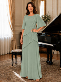 Asymmetric Draped Chiffon Mother of the Bride Dress with Flutter Sleeves