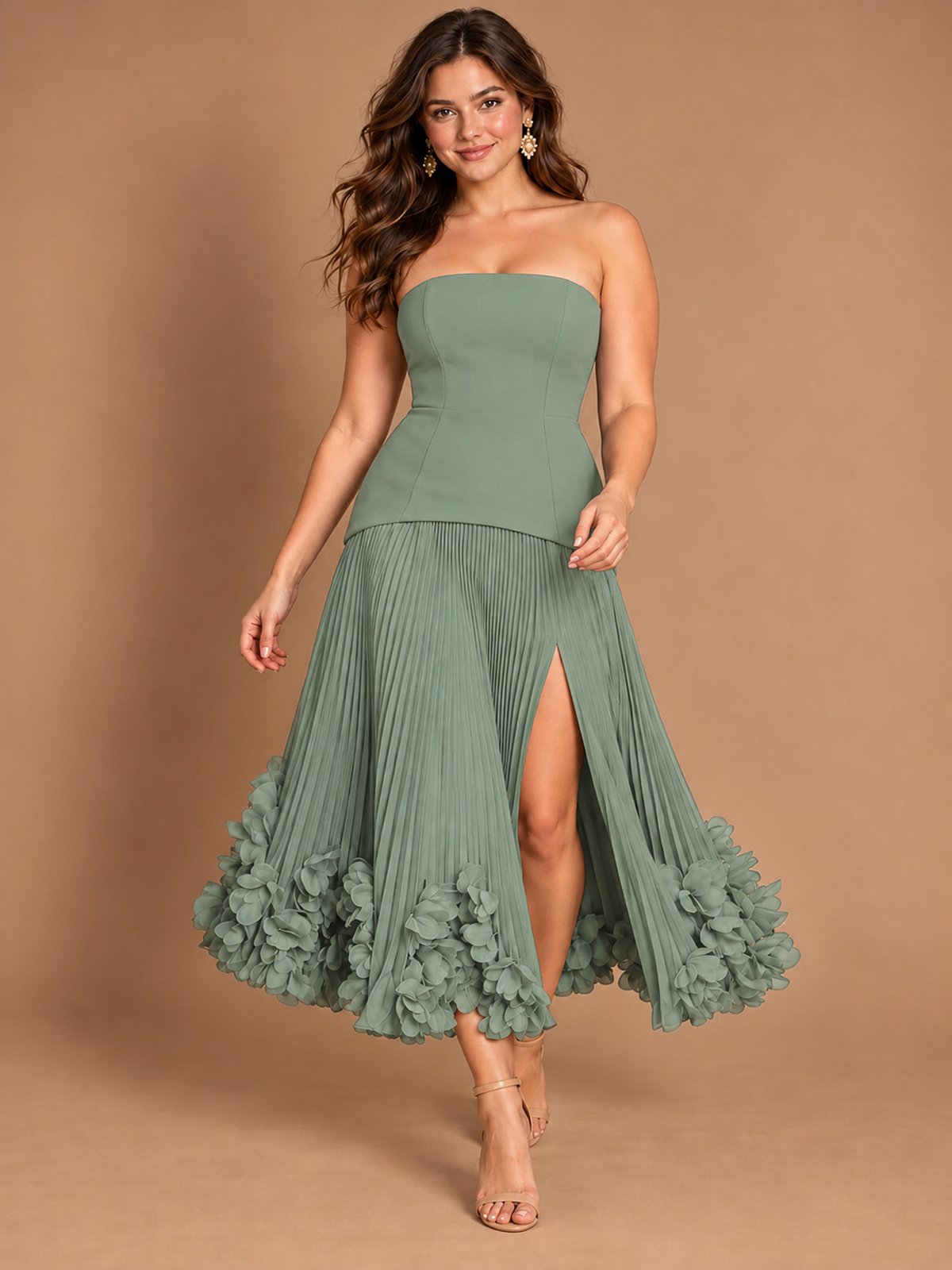 Navy Blue Strapless Pleated A-Line Midi Dress with 3D Floral Applique