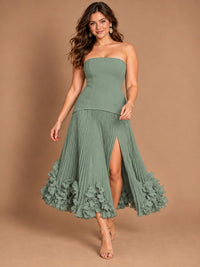Navy Blue Strapless Pleated A-Line Midi Dress with 3D Floral Applique