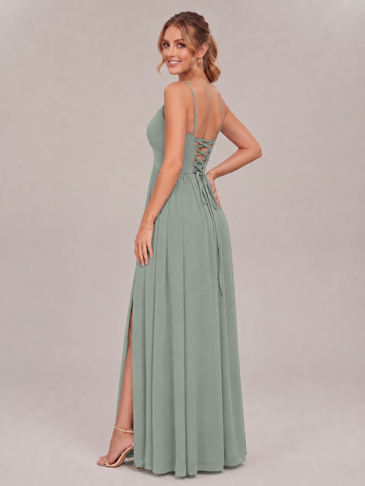 V-Neck Pleated Chiffon Long Bridesmaid Dress with Slit