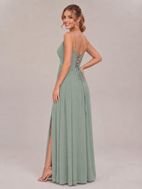 V-Neck Pleated Chiffon Long Bridesmaid Dress with Slit