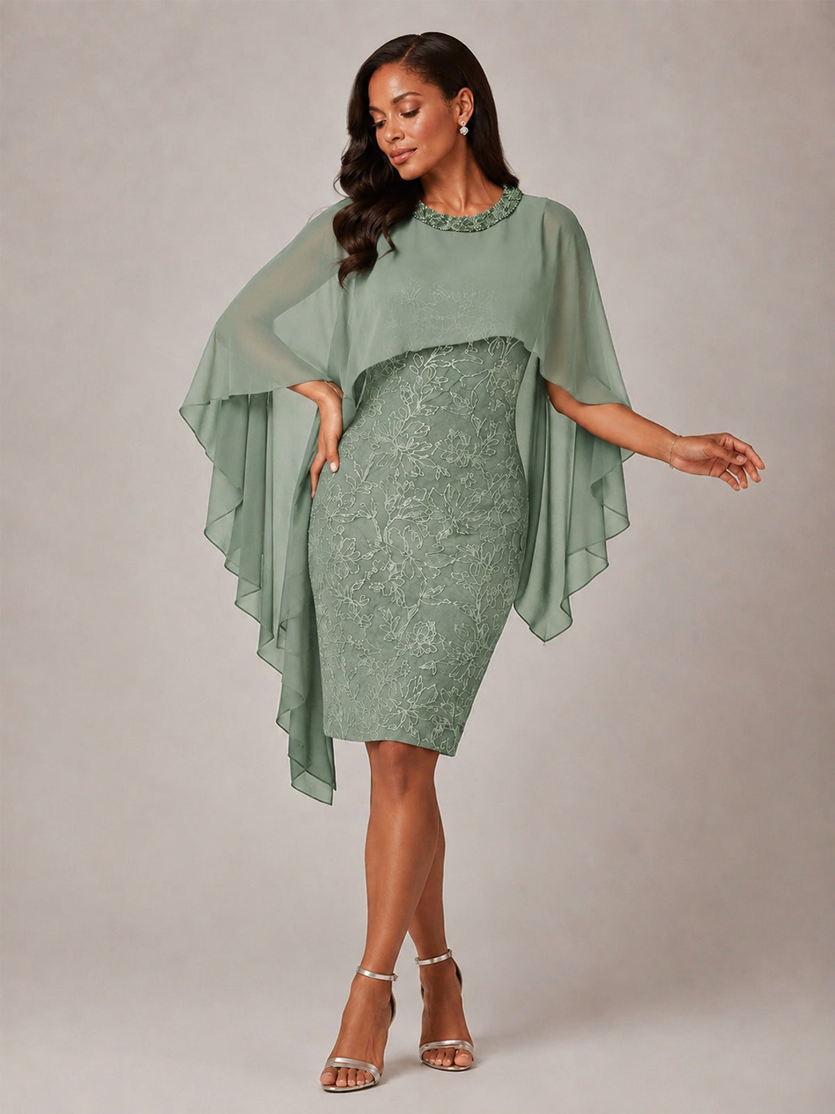 Floral Sheath Mother of the Bride Dress with Cape Overlay