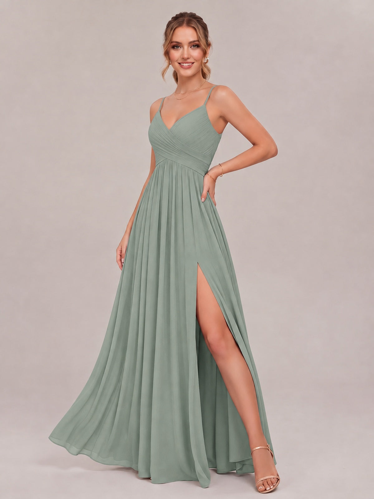 V-Neck Pleated Chiffon Long Bridesmaid Dress with Slit