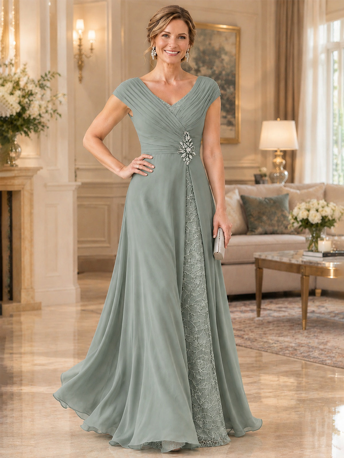Pleated Chiffon Lace Mother of The Bride Dresses with Beading Cap Sleeves