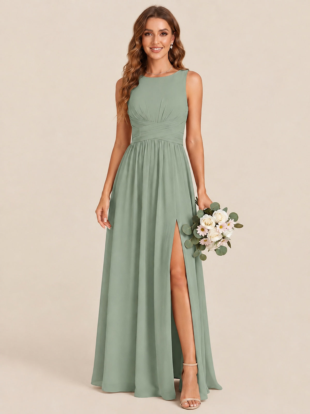 A-line Sleeveless Rucehd Chiffon Bridesmaid Dress with High Slit