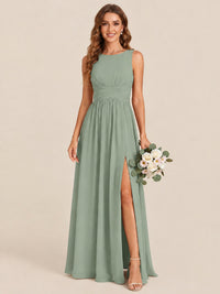 A-line Sleeveless Rucehd Chiffon Bridesmaid Dress with High Slit