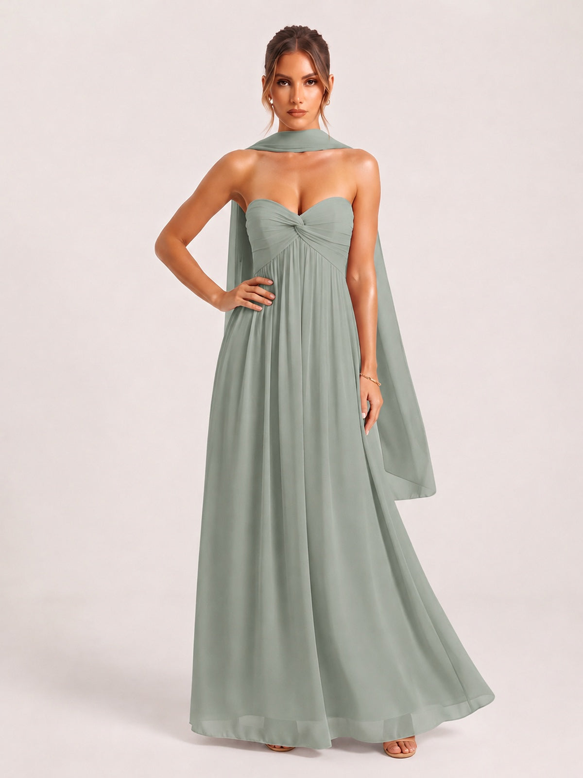 Strapless Ruched Chiffon Long Prom Dress with Scarf