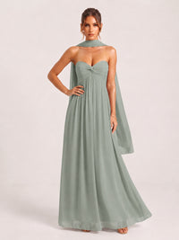 Strapless Ruched Chiffon Long Prom Dress with Scarf