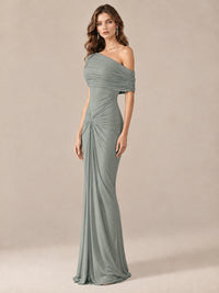 Elegant Draped Off Shoulder Ruched Mermaid Chiffon Formal Evening Gown