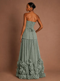 Strapless Pleated Floral Satin Formal Dress with Side Slit