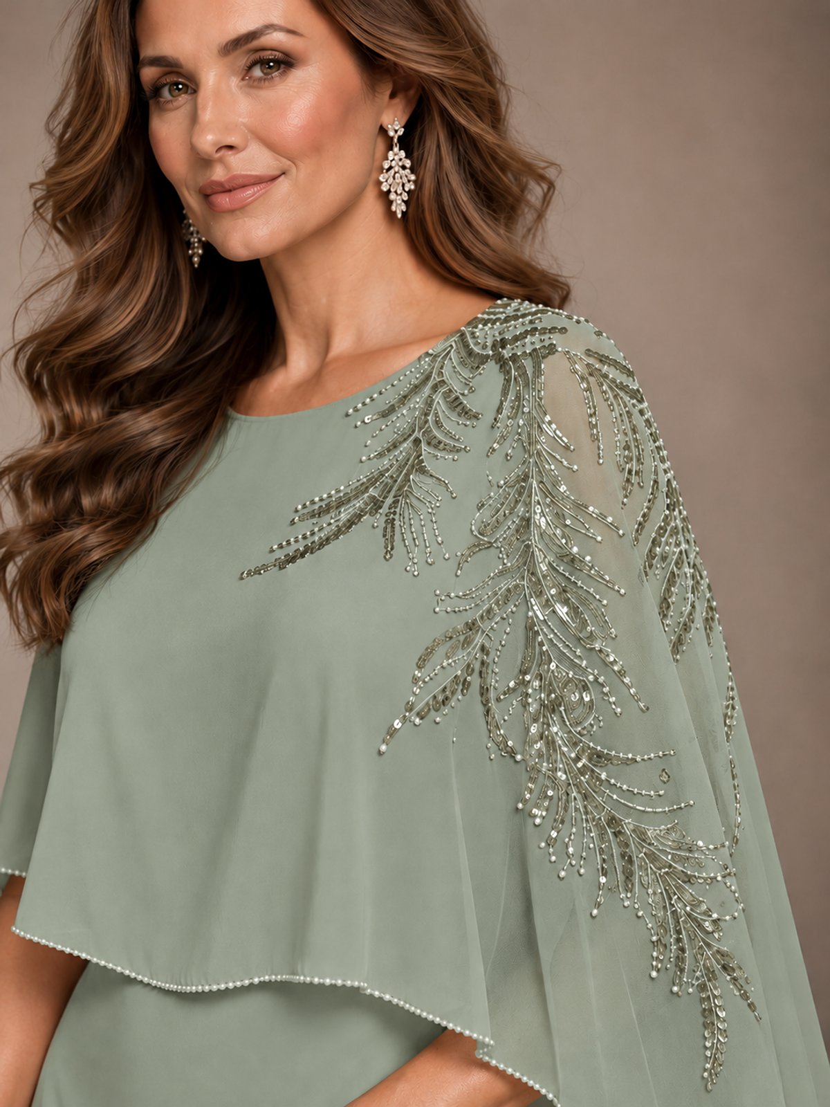Elegant Chiffon Cape Sleeve Beaded Mother of the Bride Dress
