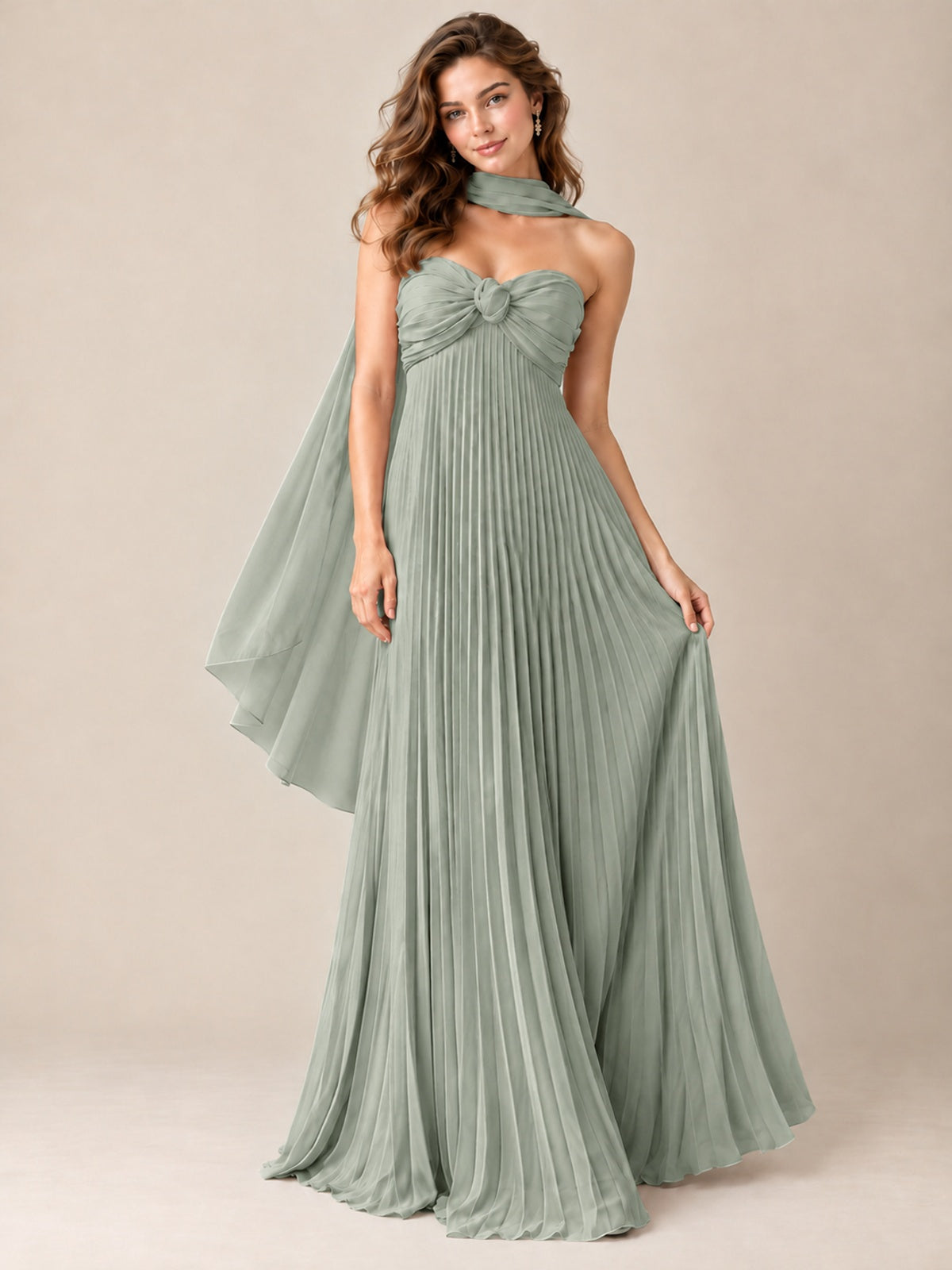 Sweetheart Neckline Pleated Prom Dress Strapless A-line Formal Dress with Flowy Scarf