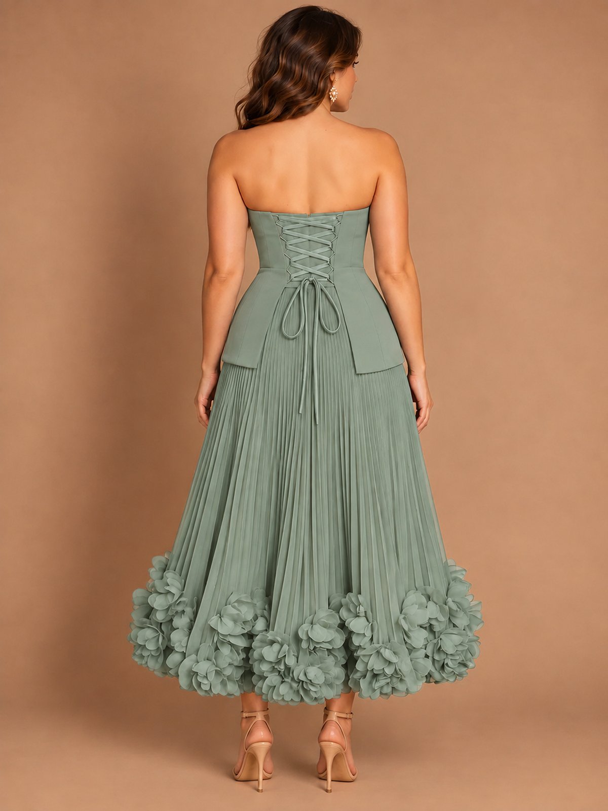 Navy Blue Strapless Pleated A-Line Midi Dress with 3D Floral Applique