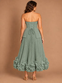 Navy Blue Strapless Pleated A-Line Midi Dress with 3D Floral Applique