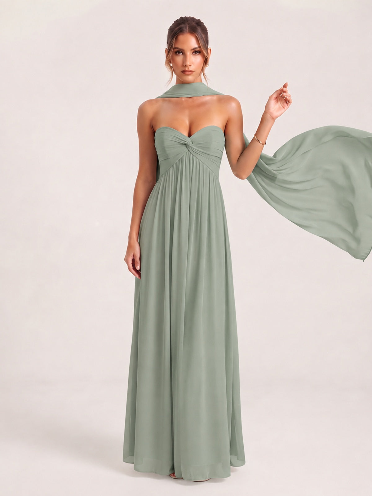 Strapless Ruched Chiffon Long Prom Dress with Scarf