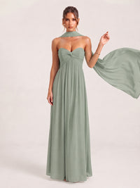 Strapless Ruched Chiffon Long Prom Dress with Scarf