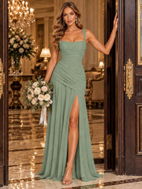 Wrap Pleated Prom Dress Scoop Neck with Slit Women Wedding Formal Dress