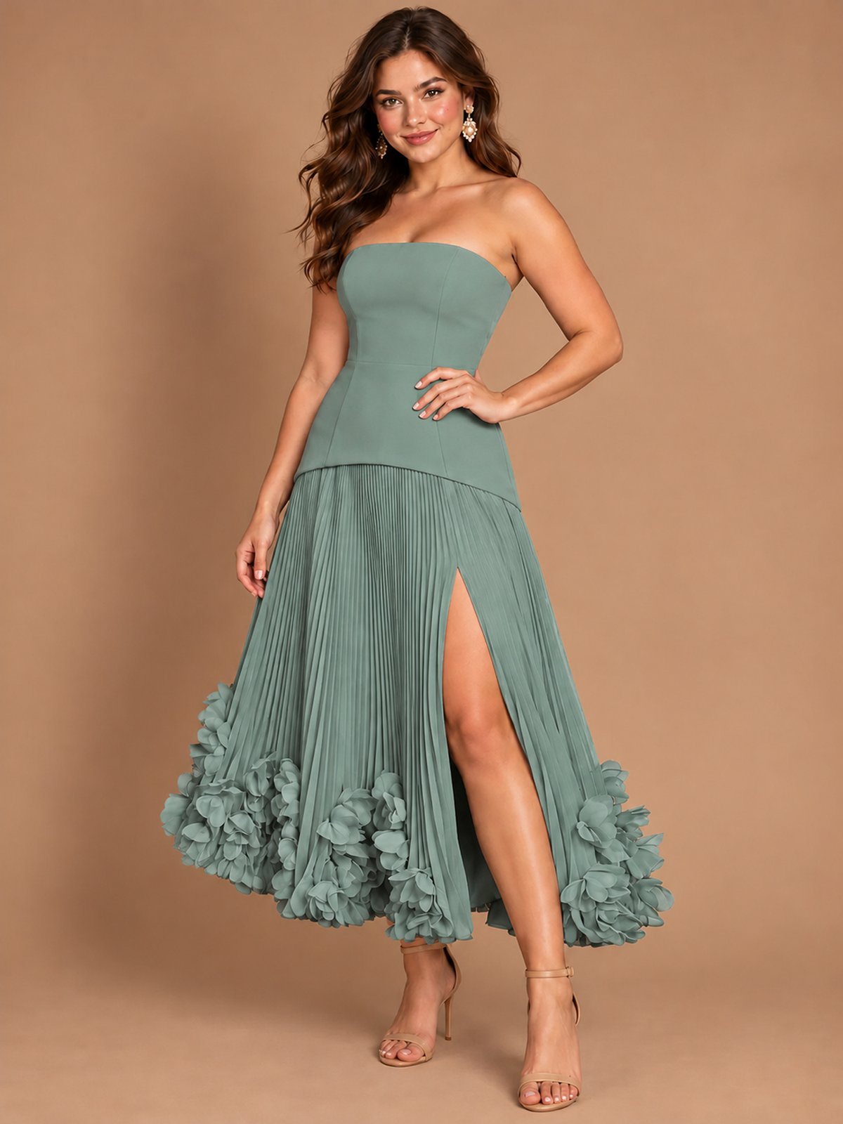 Navy Blue Strapless Pleated A-Line Midi Dress with 3D Floral Applique