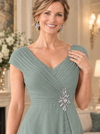 Pleated Chiffon Lace Mother of The Bride Dresses with Beading Cap Sleeves