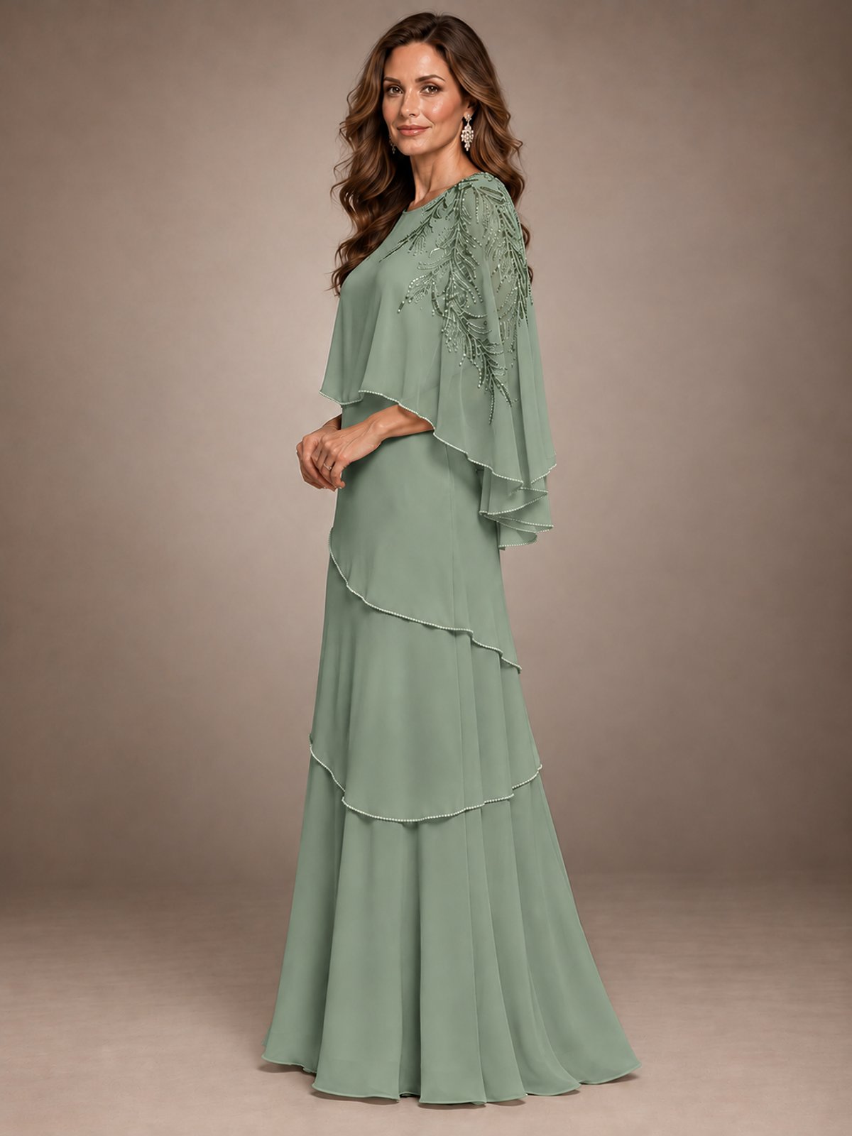 Elegant Chiffon Cape Sleeve Beaded Mother of the Bride Dress
