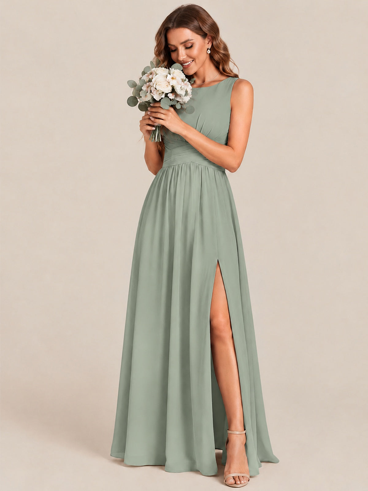 A-line Sleeveless Rucehd Chiffon Bridesmaid Dress with High Slit