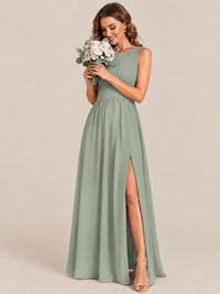 A-line Sleeveless Rucehd Chiffon Bridesmaid Dress with High Slit
