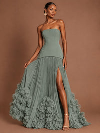 Strapless Pleated Floral Satin Formal Dress with Side Slit