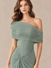 Elegant Draped Off Shoulder Ruched Mermaid Chiffon Formal Evening Gown