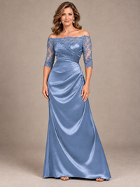 Navy Blue Satin Mother of the Bride Dress with Lace Sleeves Off Shoulder Formal Gown