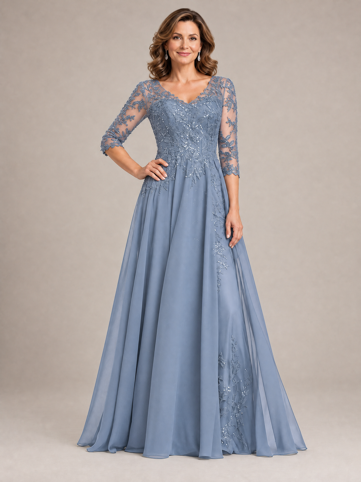 Navy Blue Sequin Lace A-Line Mother of the Bride Dress with 3/4 Sleeves