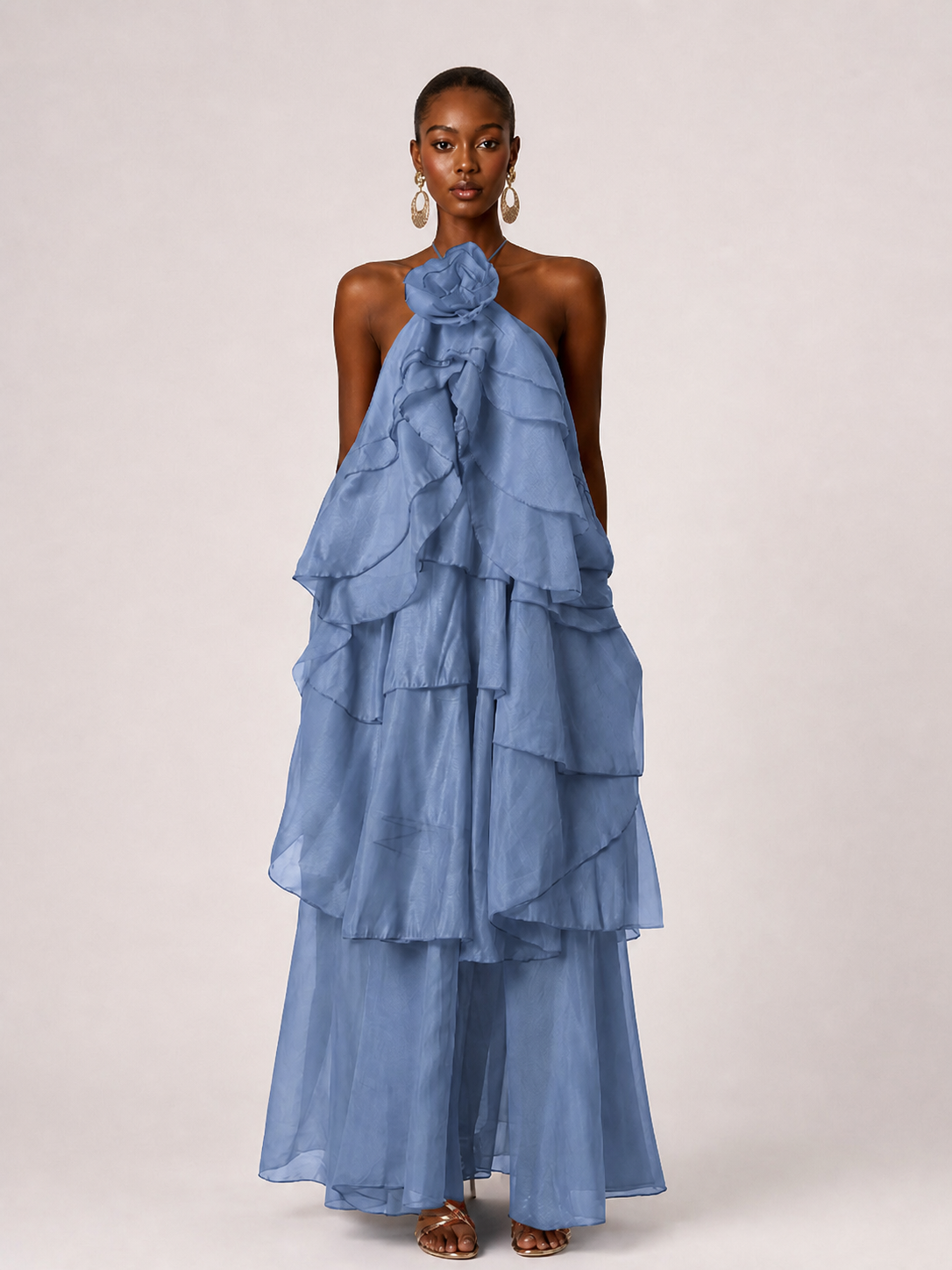 Orange Chiffon Halter Ruffle Maxi Dress with 3D Flower