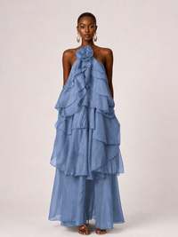 Orange Chiffon Halter Ruffle Maxi Dress with 3D Flower