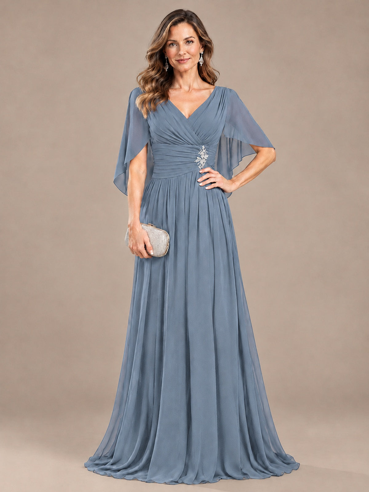 Ruched V Neck Mother of The Bride Dresses with Shawls Appliques and Cap Sleeves