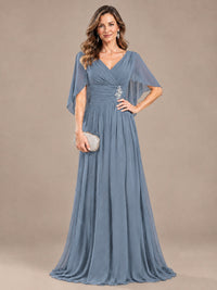 Ruched V Neck Mother of The Bride Dresses with Shawls Appliques and Cap Sleeves