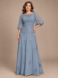 Navy Blue A-Line Mother of the Bride Dress with Sheer Puff Sleeves