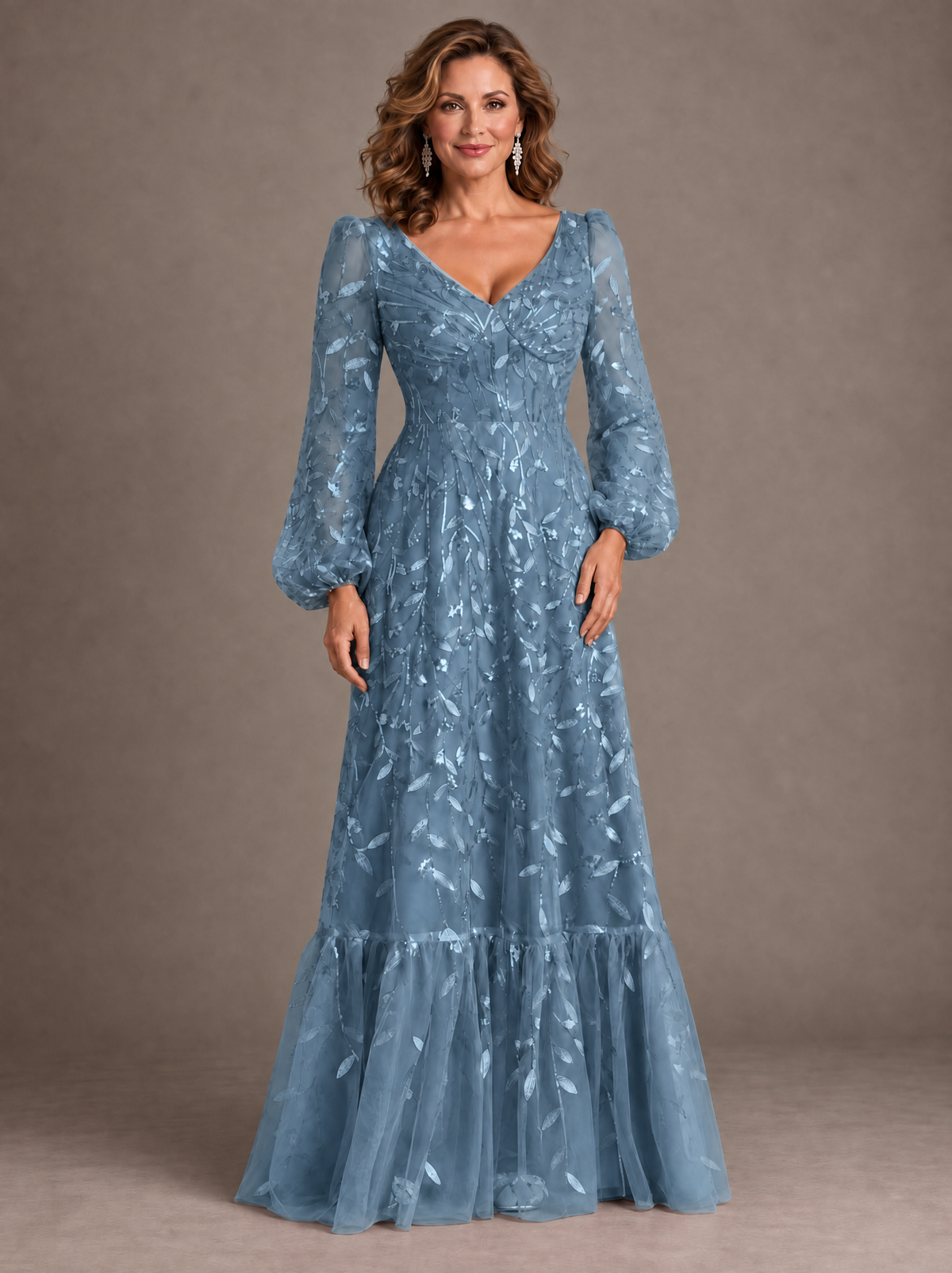 Dusty Rose Floral Embroidered A-Line Mother of the Bride Dress with Long Sleeves
