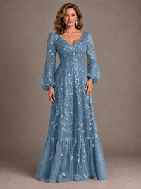 Dusty Rose Floral Embroidered A-Line Mother of the Bride Dress with Long Sleeves