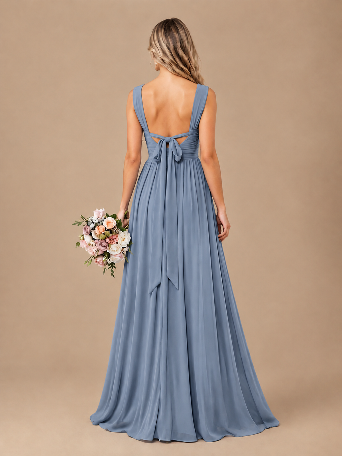 Pleated Chiffon V Neck Wedding Bridesmaid Dresses Floor Length with Slit
