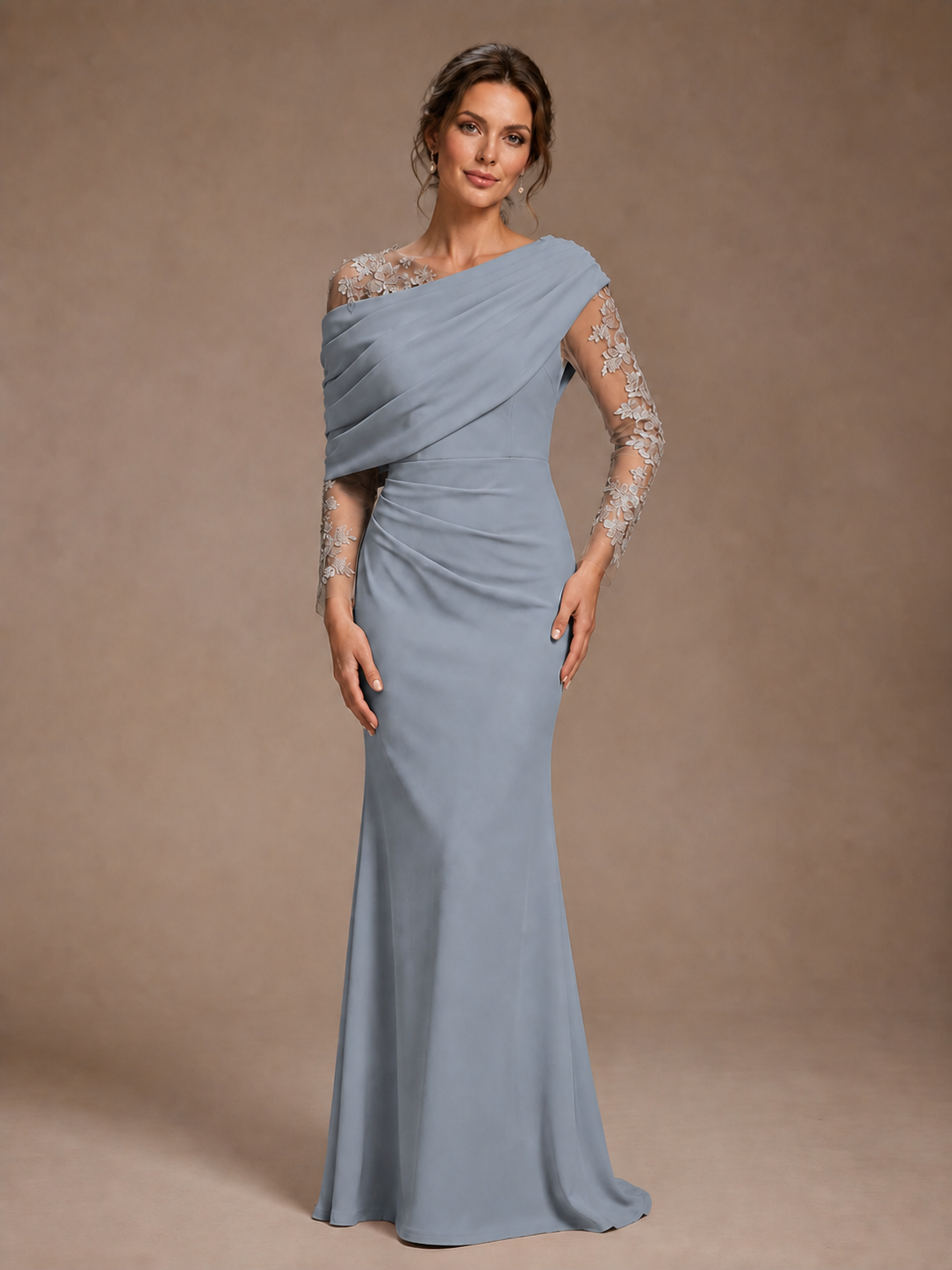 Dusty Rose Illusion Long Sleeve Chiffon Applique Mother of The Bride Dress