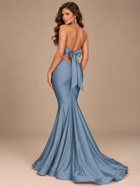 Pink Halter Deep V-Neck Ruched Mermaid Prom Dress