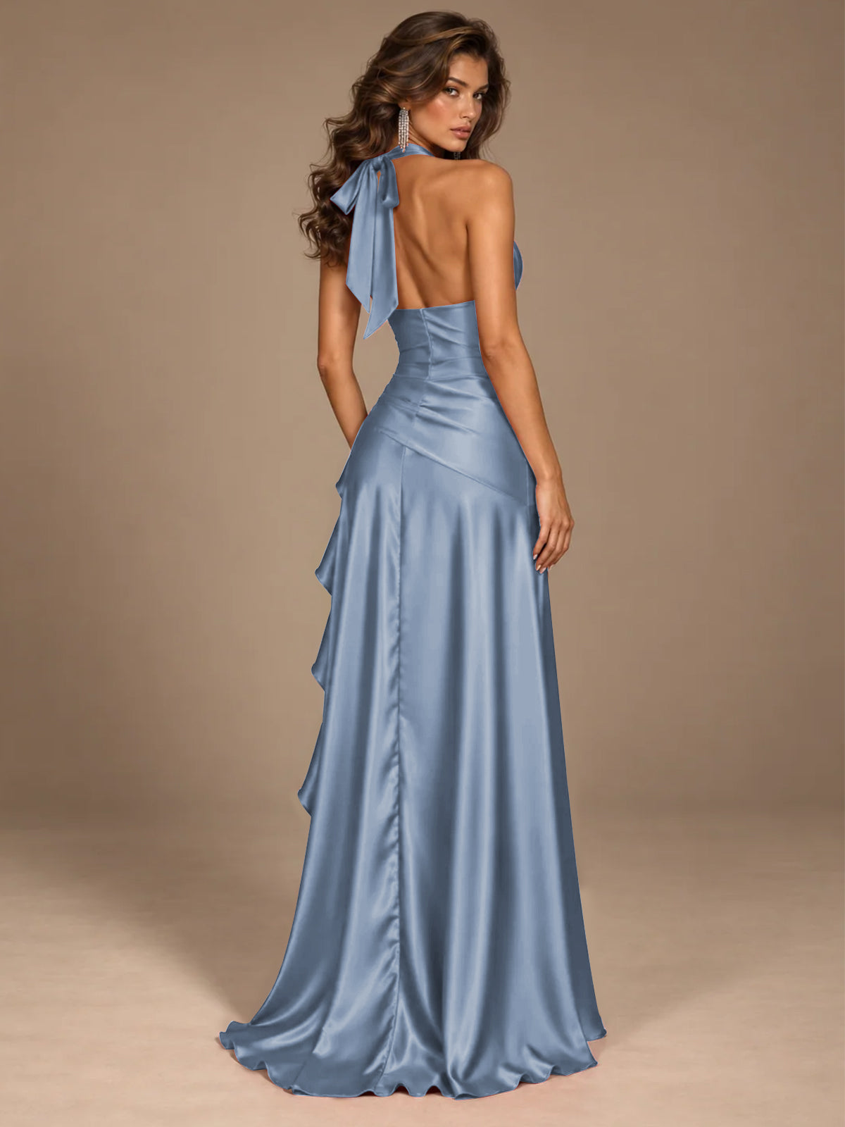 Burgundy Halter Deep V-Neck Ruched High Slit Ruffle Prom Dress