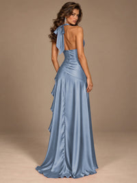 Burgundy Halter Deep V-Neck Ruched High Slit Ruffle Prom Dress
