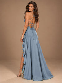 Burgundy Spaghetti Strap Ruched Prom Dress with Ruffled High Slit